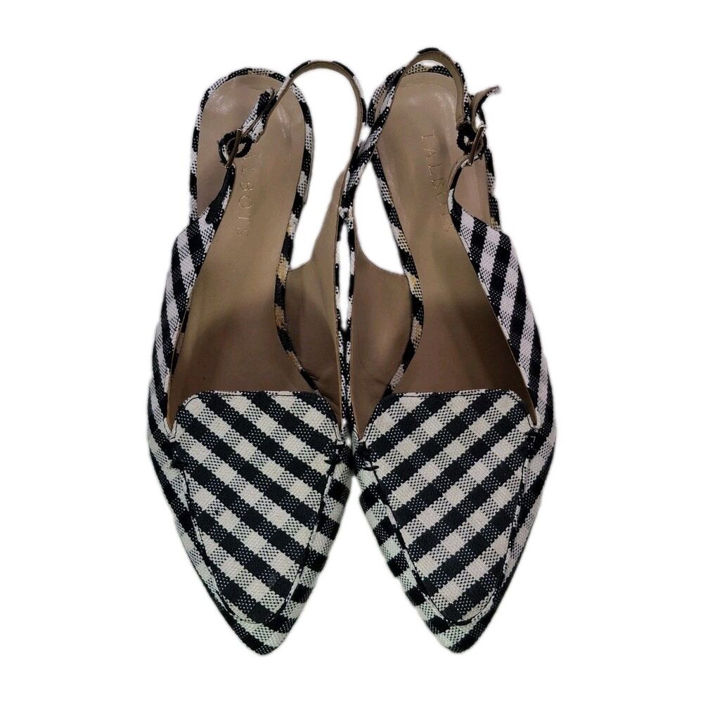 Talbots Sz 8.5 Gingham Poppy Pointed Toe Slingback Flats Black White Old Money